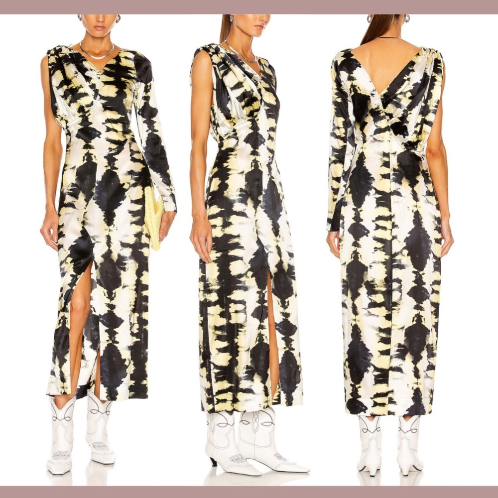 NWT $575 Ganni [ 32 ] Ruched One Sleeve Long Sleeve Satin‎ Dress in Phantom